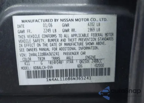 2006 Nissan Altima 2.5 S from USA, damaged, VIN 1N4AL11D86N365241